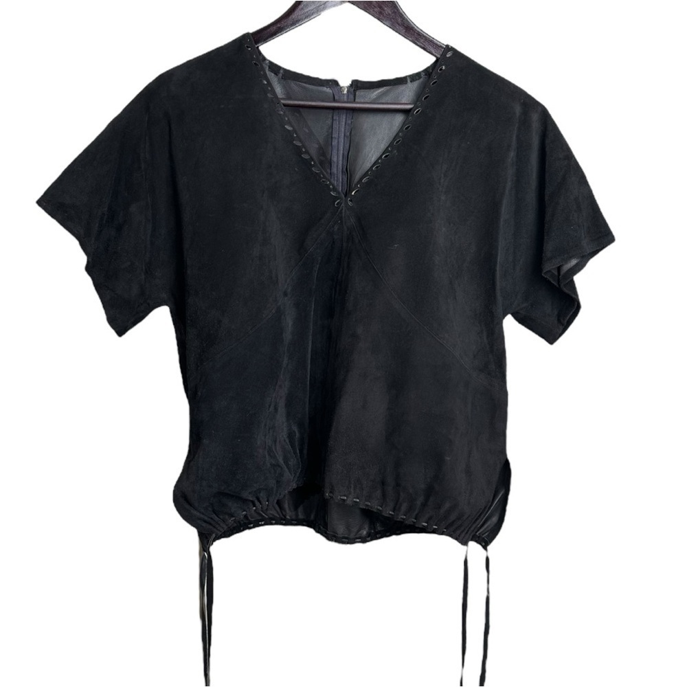 Pandora Pieles Leather Suede V Neck Top Black Adjustable Vintage Western Cowgirl